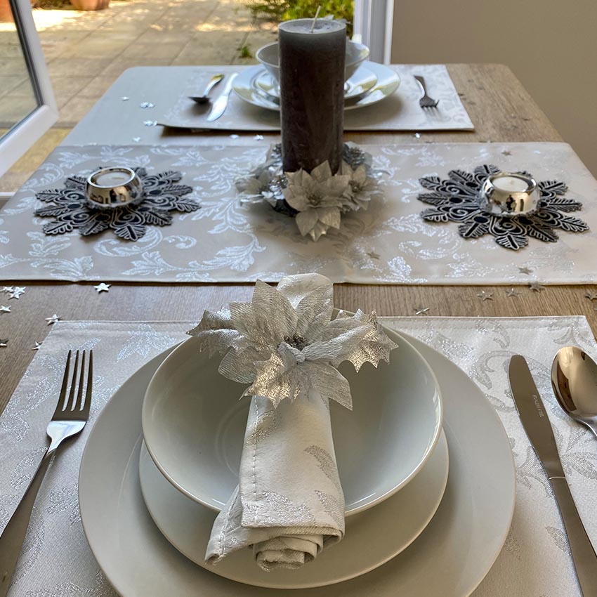 Jacobean Silver Placemats, Napkins Coasters
